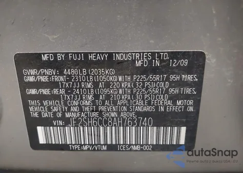 2010 Subaru Forester 2.5X Premium from USA, damaged, VIN JF2SH6CC8AH763740